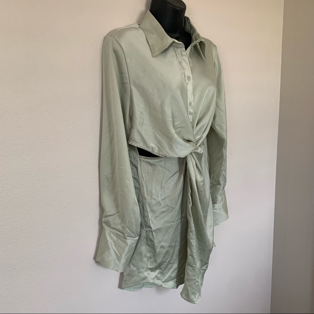 Princess Polly Sage Green Satin Long Sleeve Button Twist Cut Out Shirtdress - Picture 4 of 12